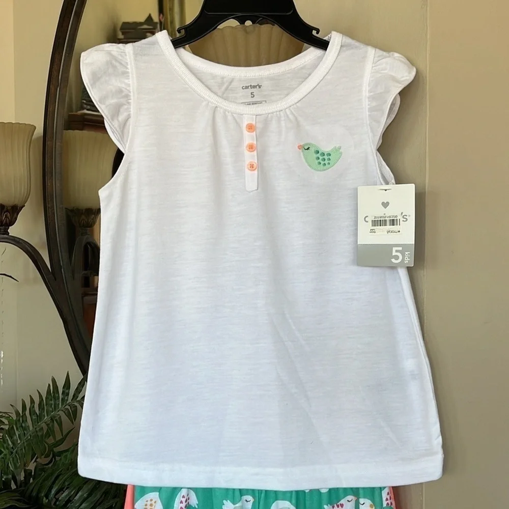 Brand New Carter’s 3-Piece Lovebirds Hearts Pajama Set White Top Pants & Shorts